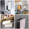 Black and silver wall-mounted paper towel holders shown in kitchen and under-shelf use examples.
