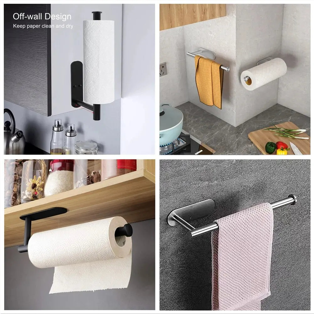 Black and silver wall-mounted paper towel holders shown in kitchen and under-shelf use examples.