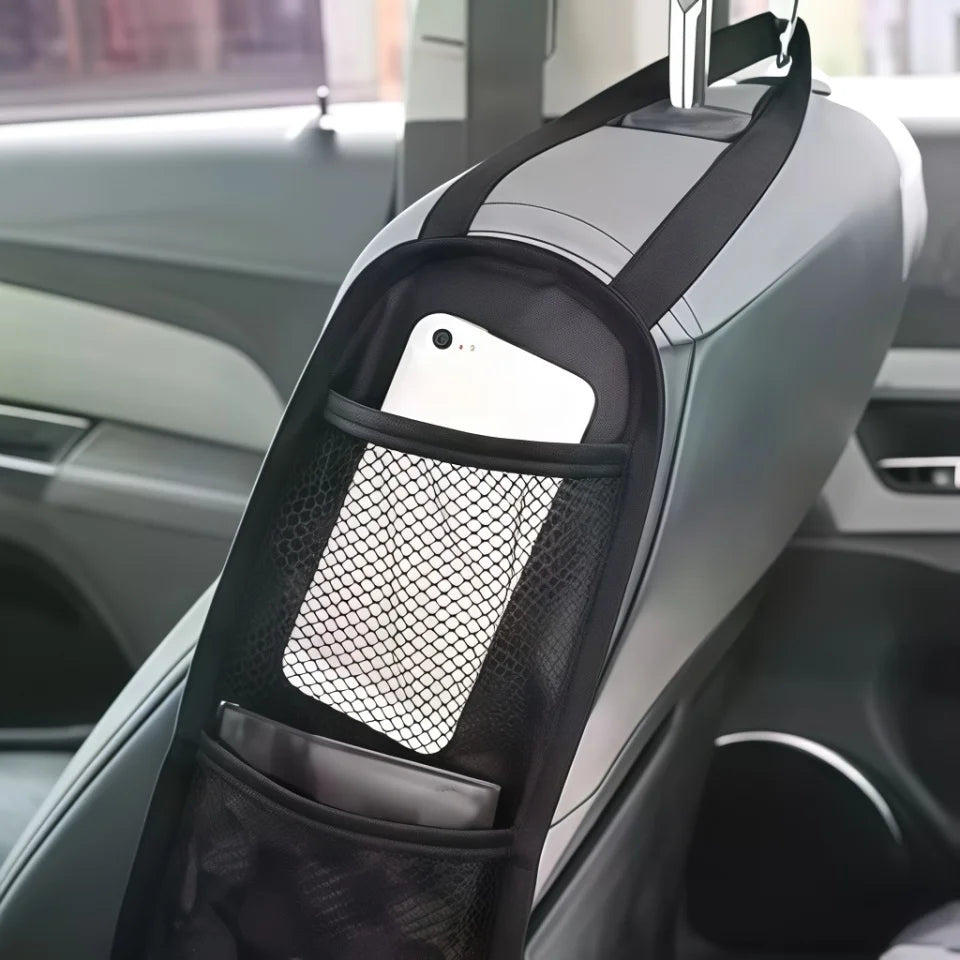 Car seat side organizer pouch showing multiple storage pockets.
