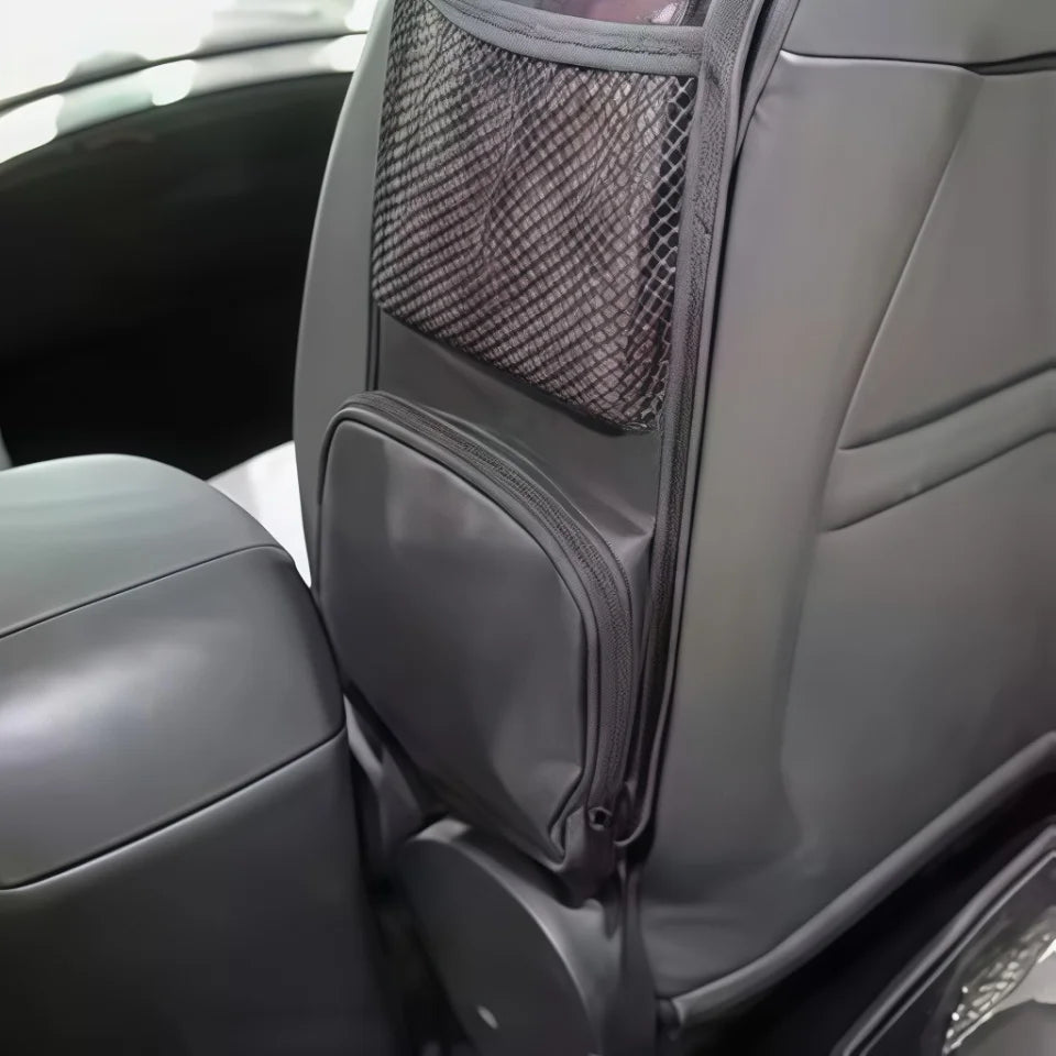 Black car seat side organizer pouch shown installed beside a vehicle seat