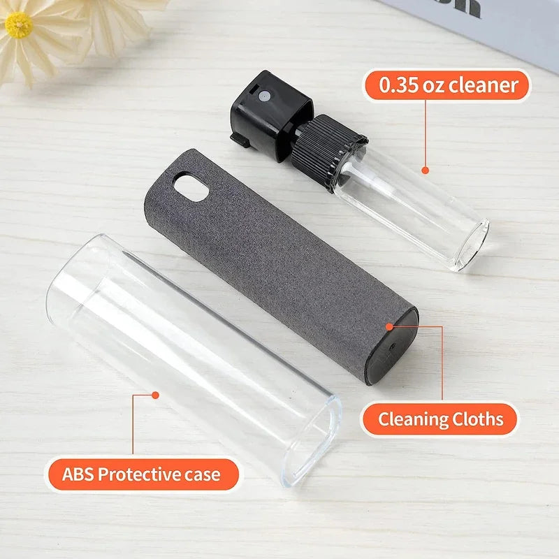 Grey screen cleaning kit with spray bottle, microfiber sleeve, and clear protective case separated