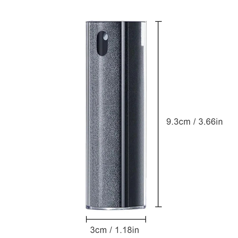 Grey screen cleaner in its case with dimensions of 9.3 cm tall and 3 cm wide