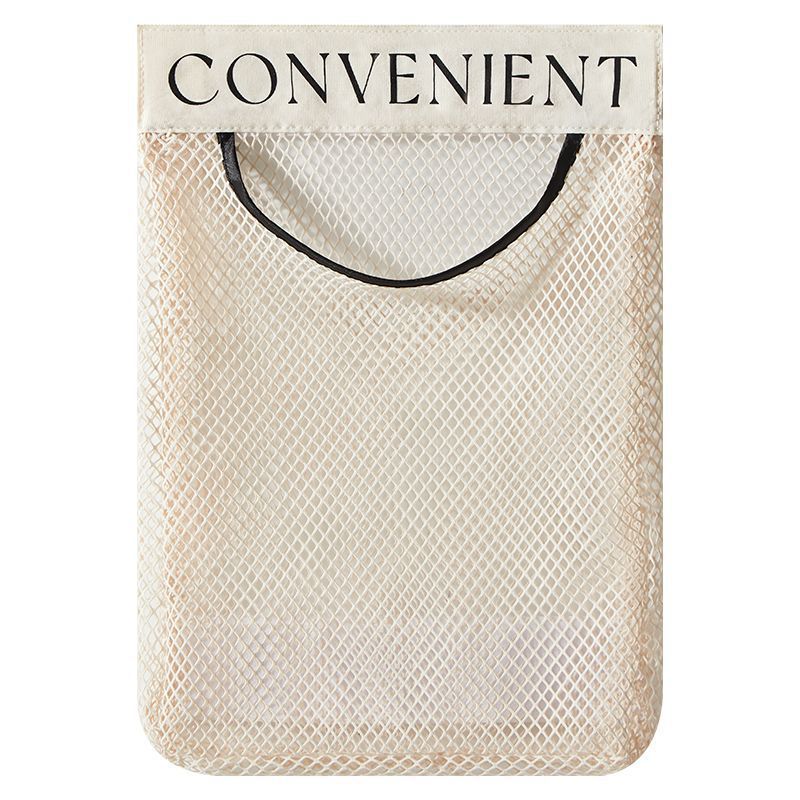 Product flat-lay of one beige mesh storage bag organizer on white background, showing the canvas CONVENIENT header panel, black loop handle, and open mesh body