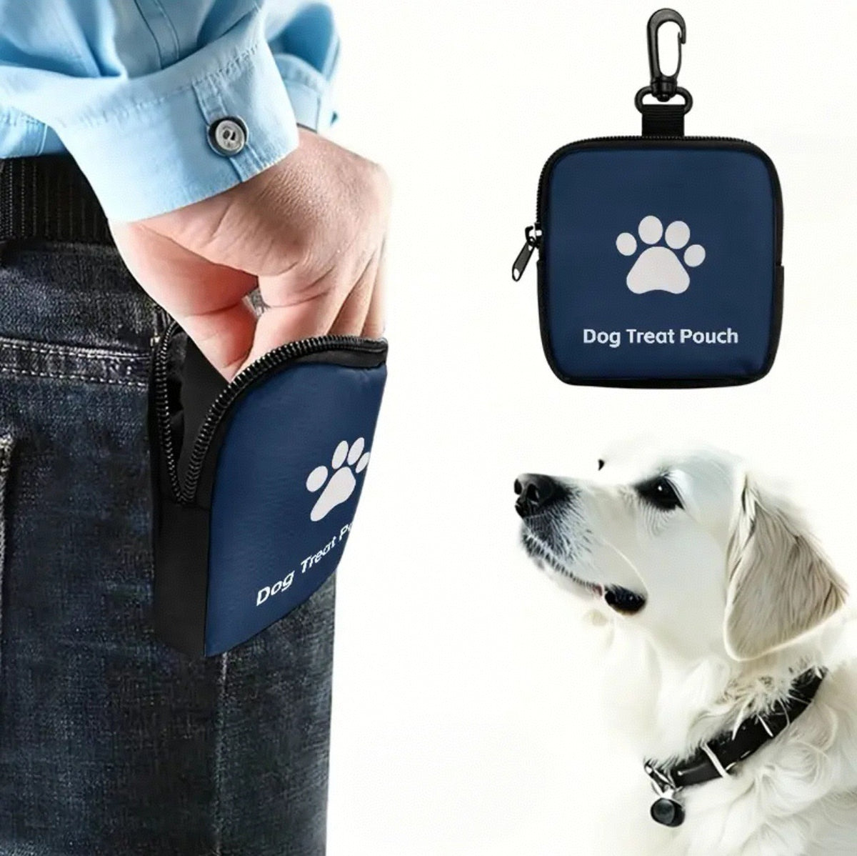 Portable dog training treat pouch worn at the waist